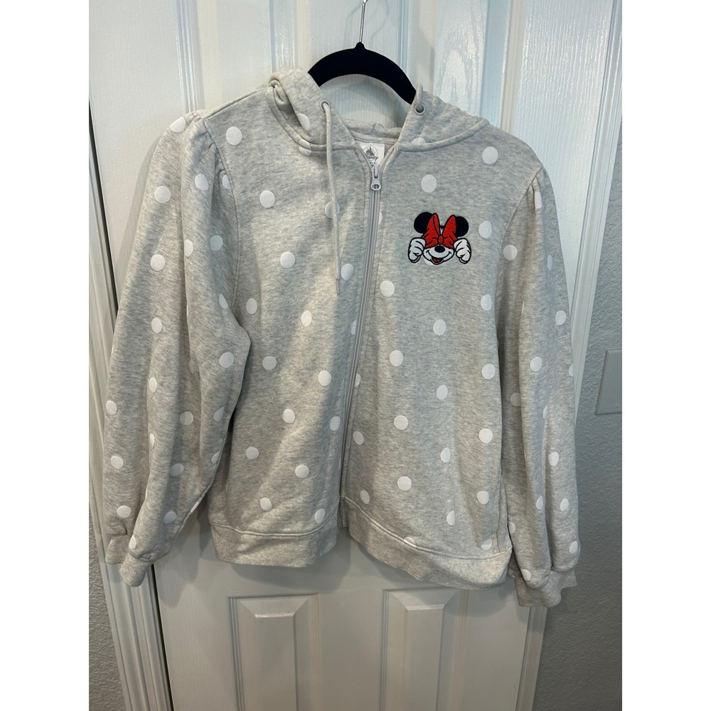 Disney parks Minnie Mouse‎ Hoodie Grey Polka Dot Zip Up Puff Sleeve Sweatshirt L